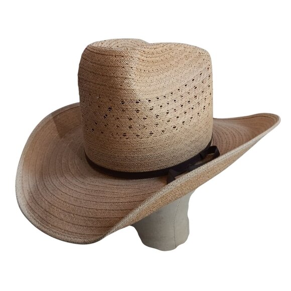 Vintage 6 7/8 Straw Western Cowboy Hat W/ Brown Band Ventilated Crown Natural - Picture 1 of 11